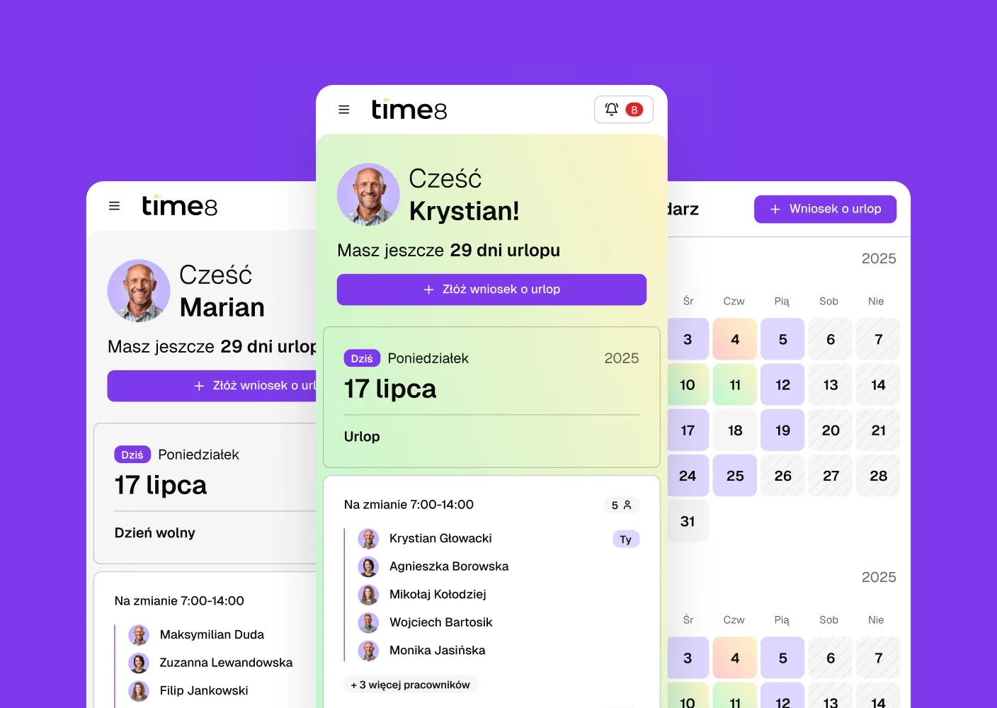 Mobile access to the work schedule in Time8